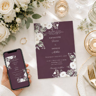 Ivory white roses plum wedding invitation