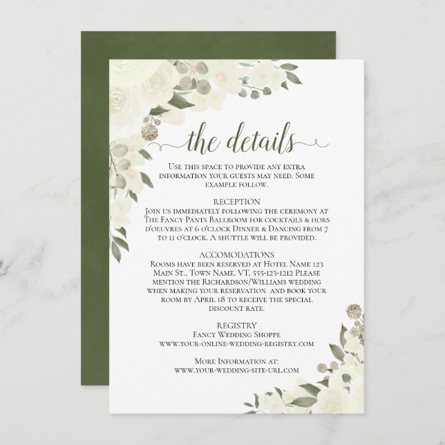 Ivory White Roses Rustic Boho Chic Wedding Details Enclosure Card (Front/Back)