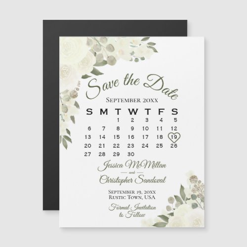 Ivory White Roses Save the Date Calendar Magnet