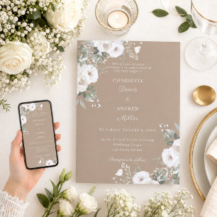 Ivory white roses taupe wedding invitation