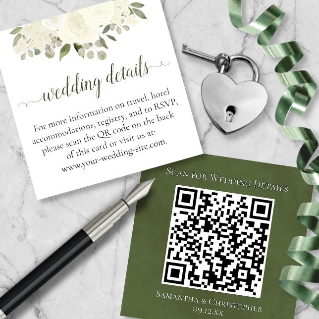 Ivory White Roses Wedding Details Website QR Code Enclosure Card (Front/Back)
