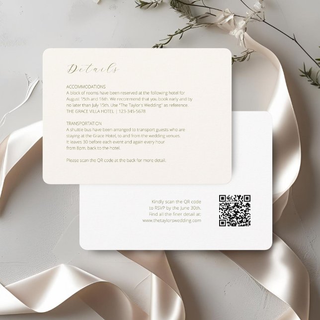 ivory & White | Script Wedding Detail QR Code  Enclosure Card (Creator Uploaded)
