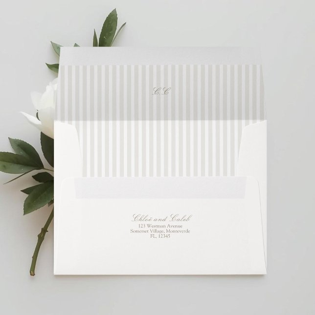 Ivory White | Striped Oval Botanical Wedding Envelope (Creator Uploaded)