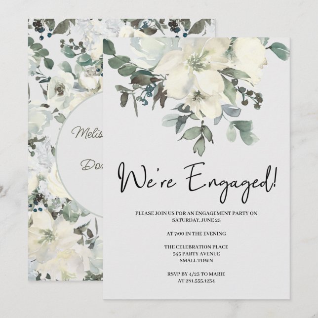 Ivory White Watercolor Floral Engagement Party Invitation (Front/Back)
