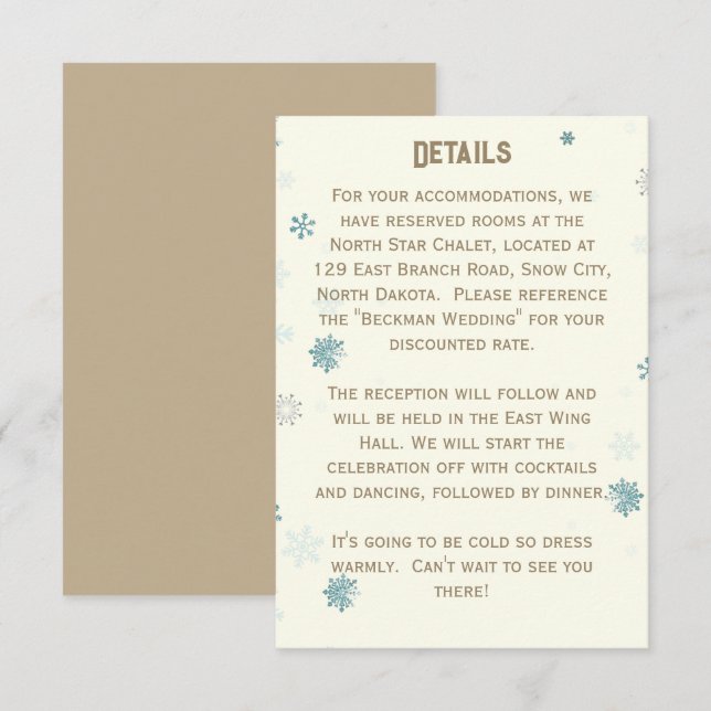 Ivory Winter Wonderland Snowflake Wedding Details Enclosure Card (Front/Back)