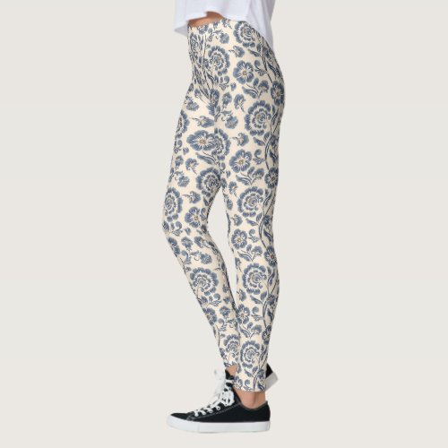 Ivory with Blue Floral Design Pattern Leggings