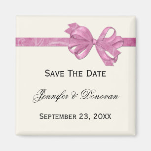 Ivory with Pink Ribbon Bow Save The Date Magnet
