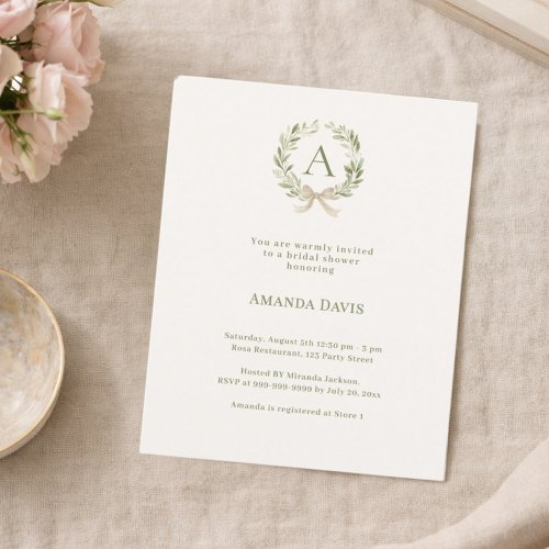 Ivory wreath bow monogram Bridal Shower invitation