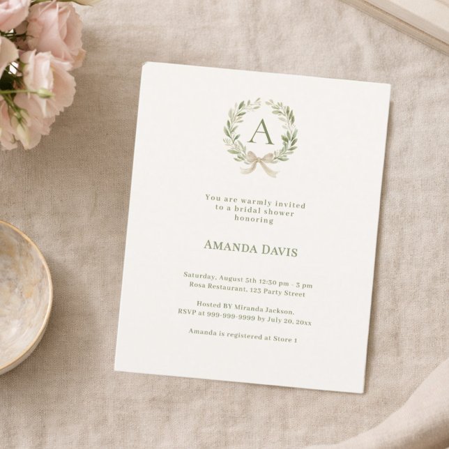 Ivory wreath bow monogram Bridal Shower invitation (Creator Uploaded)