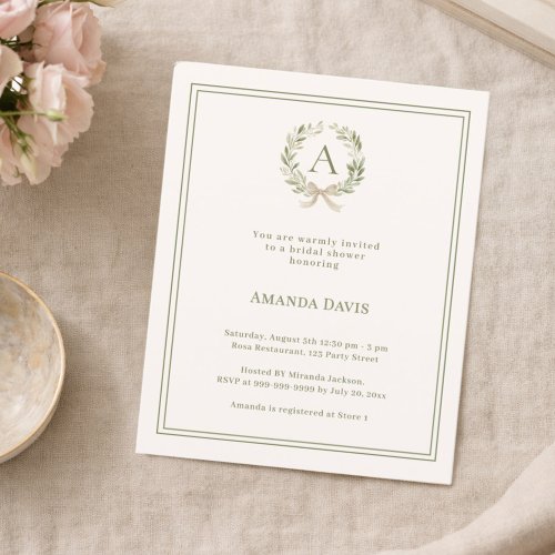 Ivory wreath monogrammed Bridal Shower invitation