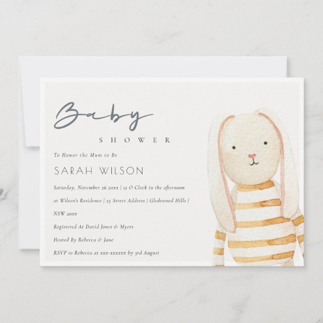  Ivory Yellow Bunny Soft Toy Baby Shower Invite (Front)