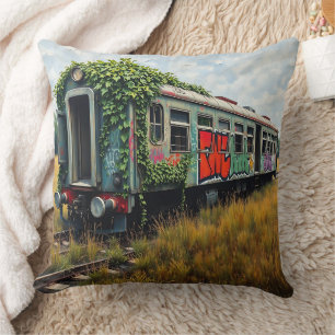 Ivy and Graffiti Covered Abandoned Train Throw Pillow