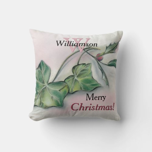 Ivy and Holly Christmas Monogrammed Throw Pillow