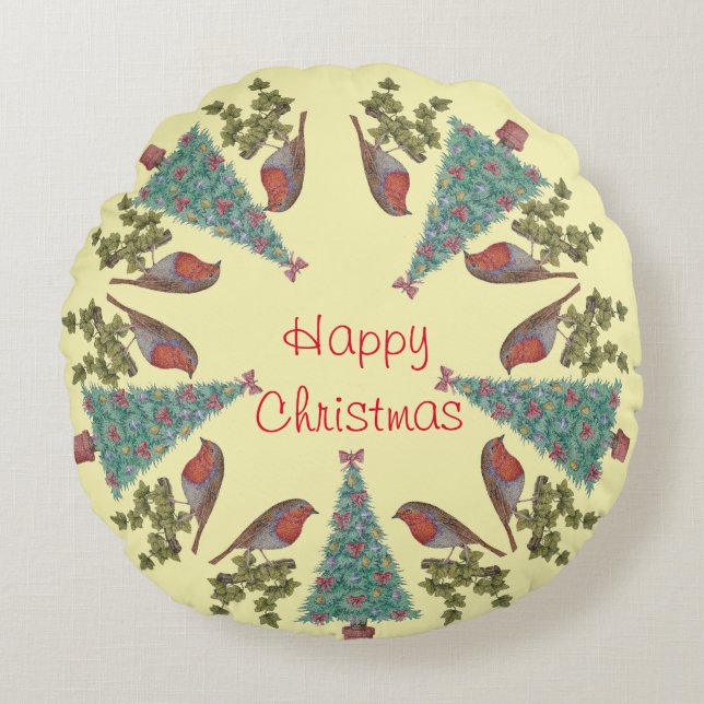 ivy and robins and trees desorated for christmas  round pillow (Front)