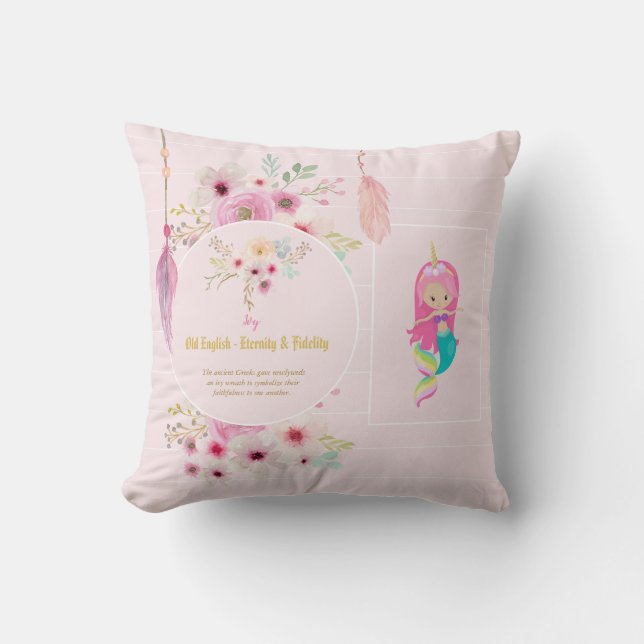 IVY - Girls Name Meaning Gift Item - Pink Mermaid Throw Pillow (Front)