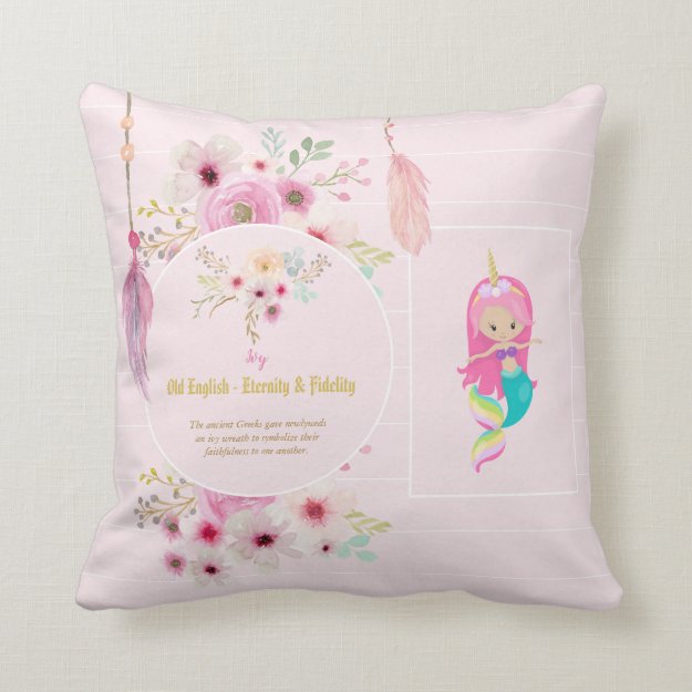 IVY - Girls Name Meaning Gift Item - Pink Mermaid Throw Pillow