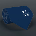 Ivy League Blue | Elegant Monogram Name |Two-Sided Neck Tie<br><div class="desc">An elegant necktie featuring a bold white monogram across a deep Ivy League Blue background. On top of this monogram sits your first or last name spelled out in all capitals. Over 40 unique colors are available in both one-sided and two-sided versions. You can browse them by clicking the collection...</div>