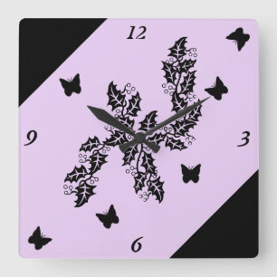 Ivy Leaves and black Butterfly on Purple Square Wall Clock