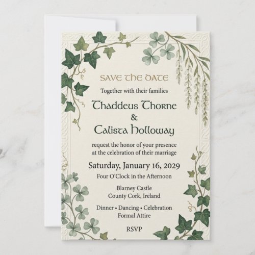 Ivy Leaves, Shamrocks, Catkins, Celtic Knot Border Invitation