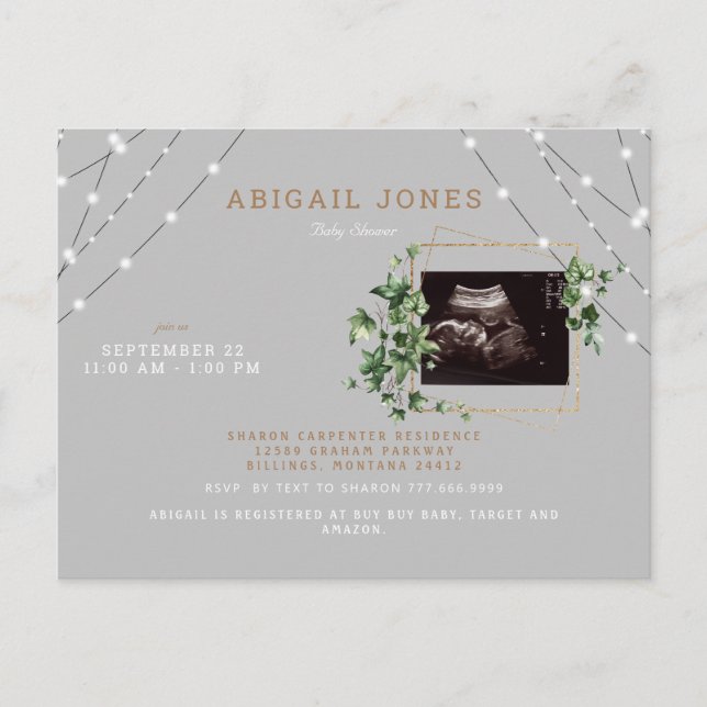 Ivy & Lights Ultrasound Photo Grey Baby Shower Inv Invitation Postcard (Front)