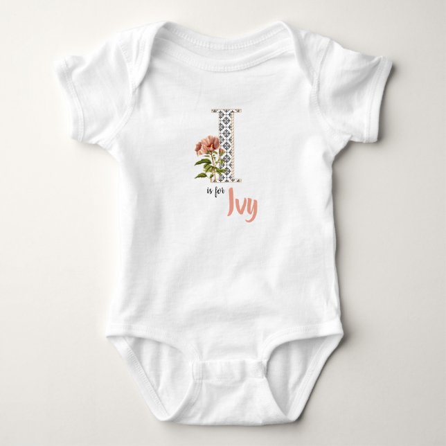 Ivy Name Reveal Floral Letter H Girl Whimsical Baby Bodysuit (Front)
