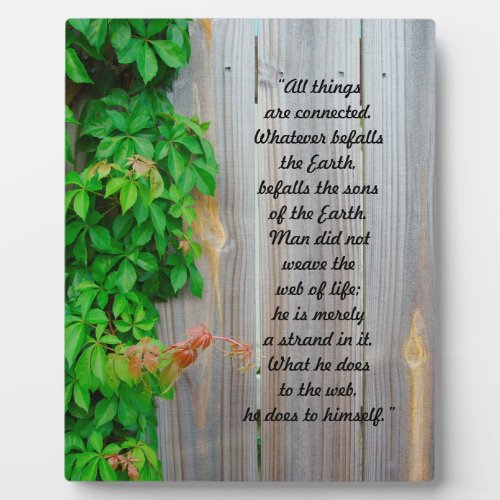 Ivy on wooden fence All things are connected Plaque