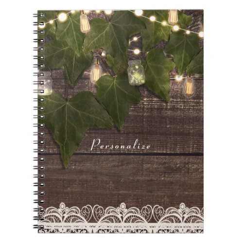 Ivy  String Lights Mason Jar Rustic Elegant Notebook