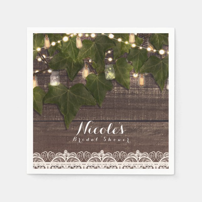 Ivy & String Lights Mason Jar Rustic Reception Napkins (Front)