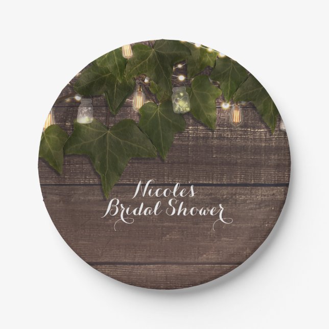 Ivy & String Lights Mason Jar Rustic Reception Paper Plates (Front)