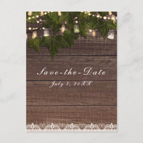 Ivy  String Lights Mason Jar Rustic Save the Date Announcement Postcard