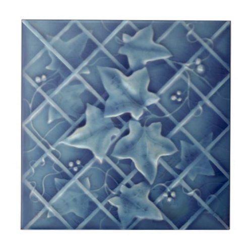 Ivy Trellis Blue Majolica Faux Relief Reproduction Ceramic Tile