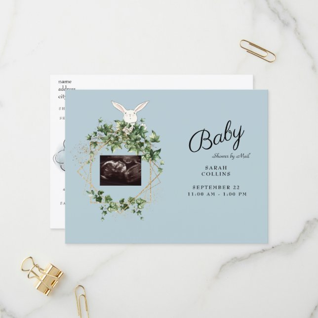 Ivy Ultrasound Photo Boy Baby Shower Bunny Virtual Invitation Postcard (Front/Back In Situ)