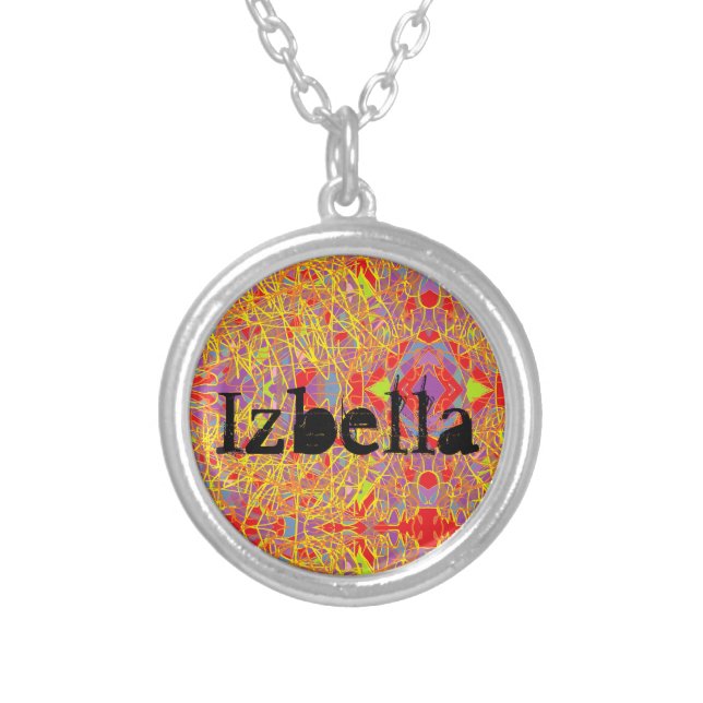 Izbella name with abstract art background silver plated necklace (Front)