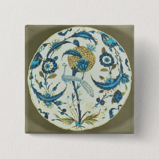 Iznik dish painted with a peacock perched among fl button (Front)