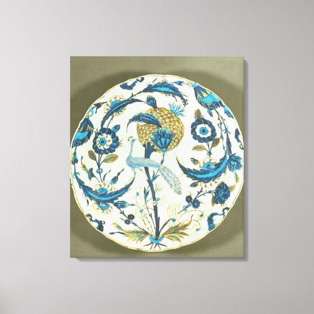 Iznik dish painted with a peacock perched among fl canvas print (Front)