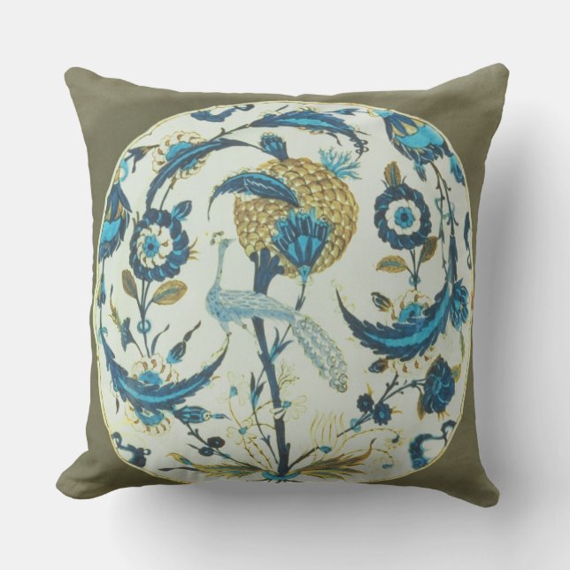 Iznik dish painted with a peacock perched among fl throw pillow (Front)