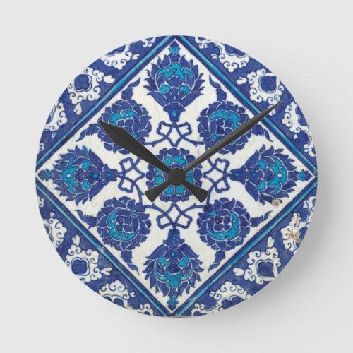 Iznik Floral Ethnic Tribal Turkish Mosaic Pottery Round Clock