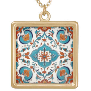Iznik Turkish Classic Floral Red Turquoise Blue Gold Plated Necklace
