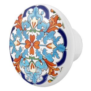 Iznik Turkish Floral Orange Red Blue Flower Ceramic Knob