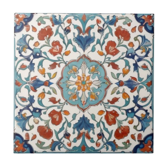 Iznik Turkish Floral Vintage Antique Style Ceramic Tile (Front)