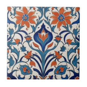 Iznik Turkish Floral Vintage Orange Blue Flowers Ceramic Tile