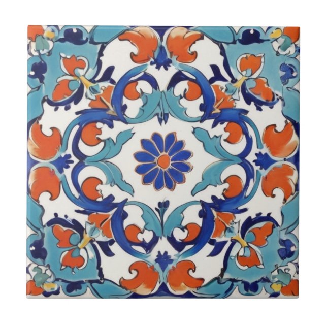 Iznik Turkish Floral Vintage Turquoise Blue Flower Ceramic Tile (Front)
