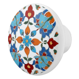 Iznik Turkish Flower Red Orange Blue White Floral Ceramic Knob