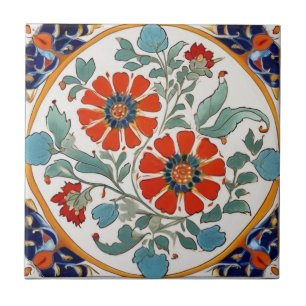 Iznik Turkish Flowers Red Orange Blue Green Cream Ceramic Tile