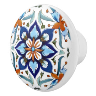 Iznik Turkish Traditional Orange Red Blue Flower Ceramic Knob