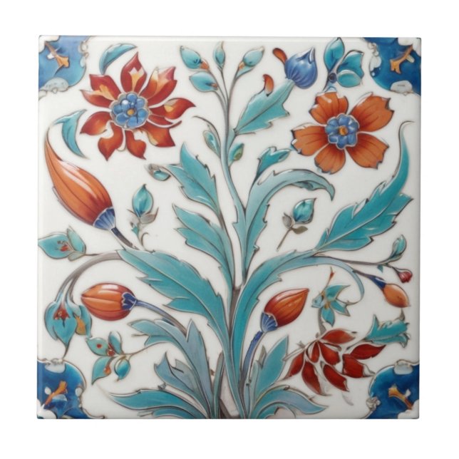 Iznik Turkish Vintage Floral Green & Red Flowers Ceramic Tile (Front)