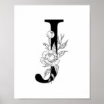 J botanical monogram. Letter initial with peonies Poster