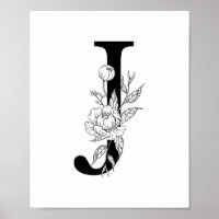 J botanical monogram. Letter initial with peonies