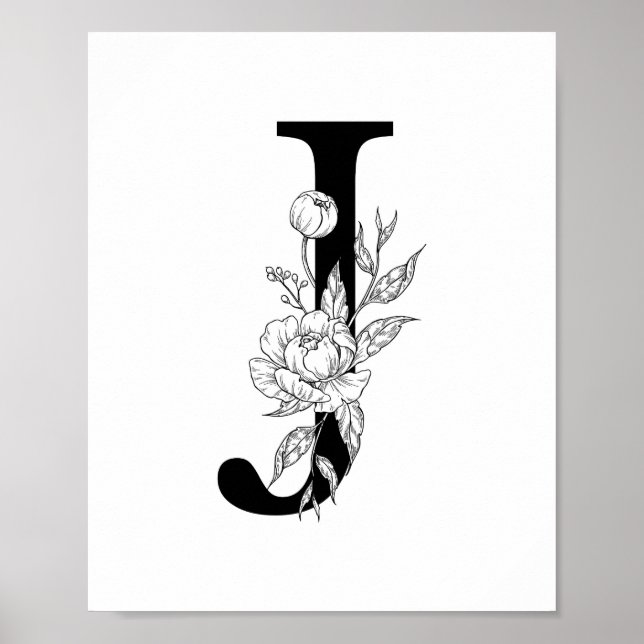 J botanical monogram. Letter initial with peonies Poster (Front)