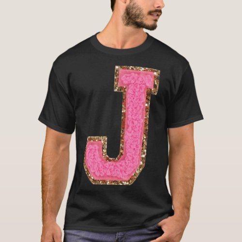 J _ Bubblegum Glitter Varsity Letter Patches Stick T_Shirt